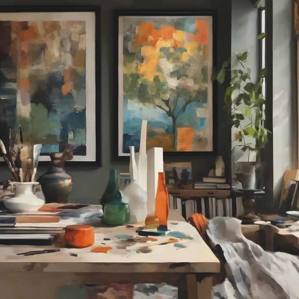 Ζωγραφικά έργα σύγχρονης τέχνης και καινοτομίας σε καλλιτεχνικό στούντιο με πολύχρωμα διακοσμητικά.