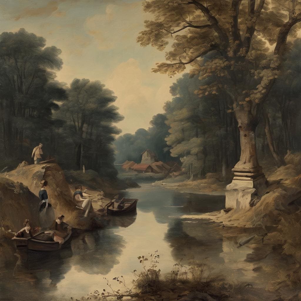 Παραστατική αριστερή όψη ήσυχης εικόνας φύσης με λίμνη, δέντρα και ανθρώπους σε καραβάκια, εκφράζοντας σύγχρονη τέχνη και καινοτομία στην τέχνη.