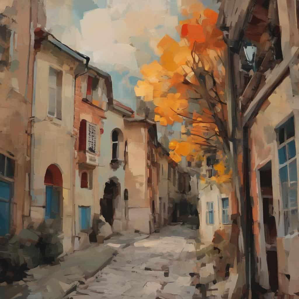 Ζωγραφική σύγχρονης τέχνης με φθινοπωρινό τοπίο σε αστικό περιβάλλον, καινοτόμα καλλιτεχνική εκφραστικότητα, καινούργιες ιδέες στην τέχνη.